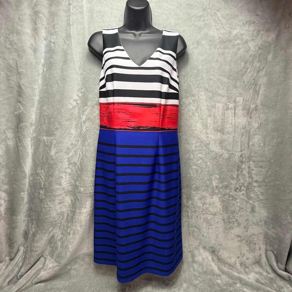 Nine West Womens Striped V-Neck Sleeveless Colorblock Sheath Dress Blue Red 8